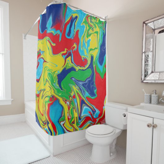 赤モダンターコイズブルーグリーンイエロー抽象芸術 シャワーカーテン (インサイチュ)