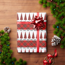 赤モダンタータンチェッククリスマスツリーパターン ラッピングペーパー