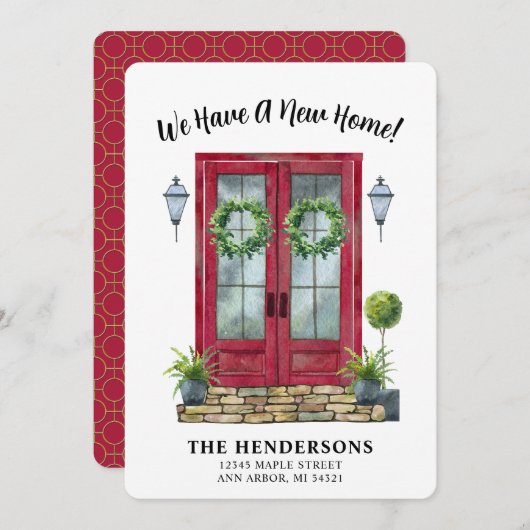 赤モダンドア新しいホームムービングアナウンス カード (正面/裏面)
