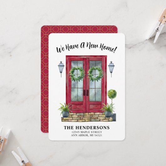 赤モダンドア新しいホームムービングアナウンス カード (正面/裏面インサイチュ)