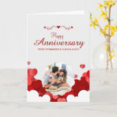 赤モダンハッピーアニバーサリー折りグリーティングカード カード (黄色い花)