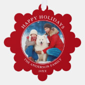 赤モダンハッピーホリデー写真 オーナメントカード (正面)