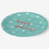 赤モダンハッピーホリデー文字、ティール（緑がかった色）、星 ペーパープレート (アングル)