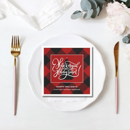 赤モダンバッファロープレイドクリスマス紙 スタンダードカクテルナプキン