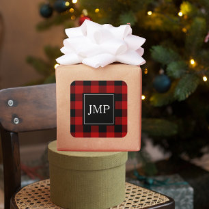 赤モダンバッファロープレイドパーソナルイニシャル スクエアシール