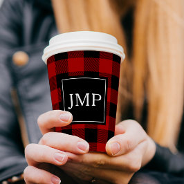 赤モダンバッファロープレイドパーソナルイニシャル 紙コップ