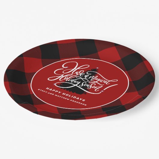 赤モダンバッファロープレイドファームハウスクリスマス ペーパープレート (アングル)