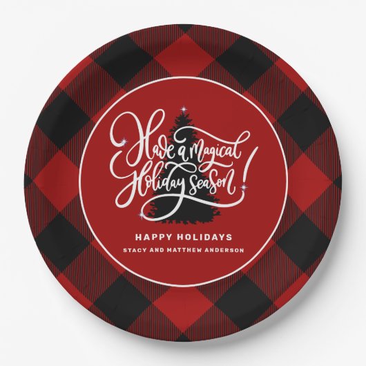 赤モダンバッファロープレイドファームハウスクリスマス ペーパープレート (正面)