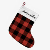 赤モダンバッファロープレイド&名前 ラージクリスマスストッキング (正面 (吊り時))