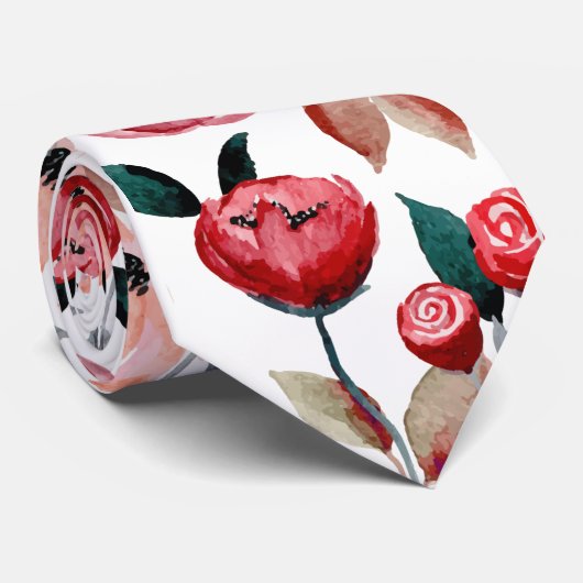 赤モダンバラ水彩花結婚模様 ネクタイ (ロール)
