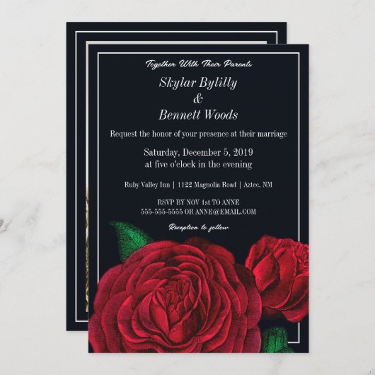 赤モダンバラ 招待状 (正面/裏面)