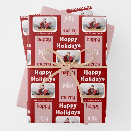 赤モダンピンクの家族の写真クリスマスハッピー ラッピングペーパーシート (インサイチュ)