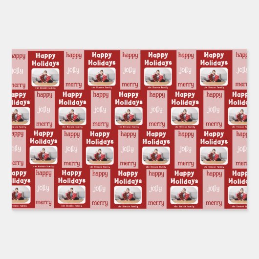 赤モダンピンクの家族の写真クリスマスハッピー ラッピングペーパーシート (正面)