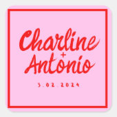 赤モダンピンクの手書きレトロ結婚の スクエアシール (正面)