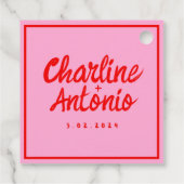 赤モダンピンクの手書きレトロ結婚の フェイバータグ (裏面)