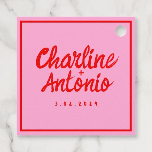 赤モダンピンクの手書きレトロ結婚の フェイバータグ (裏面)