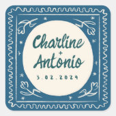 赤モダンピンクの手書きレトロ結婚ズスクエア スクエアシール (正面)