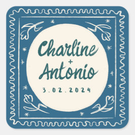 赤モダンピンクの手書きレトロ結婚ズスクエア スクエアシール