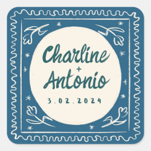 赤モダンピンクの手書きレトロ結婚ズスクエア スクエアシール