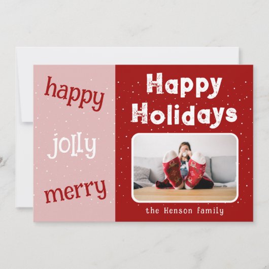 赤モダンピンク写真スノーフレークChristmas Happy シーズンカード (正面)