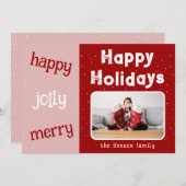 赤モダンピンク写真スノーフレークChristmas Happy シーズンカード (正面/裏面)
