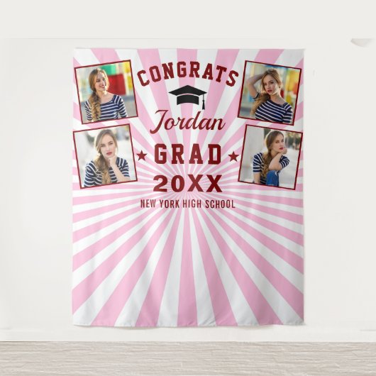 赤モダンピンク卒業式4フォトブース背景 タペストリー (正面)