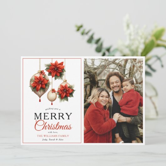 赤モダンフローラオーナメントメリークリスマスフォト シーズンカード (スタンド正面)