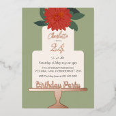 赤モダンフローラケーキ誕生日パーティー金ゴールド 箔招待状 (正面)