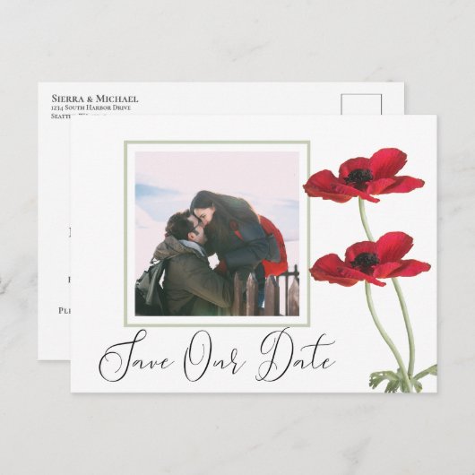 赤モダンフローラ植物結婚式の日付を保存 案内ポストカード (正面/裏面)