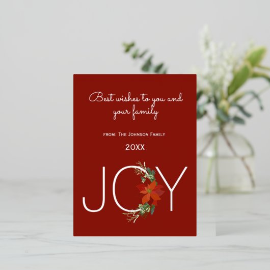 赤モダンポインセティアホリデージョークリスマス 箔シーズンポストカード (立ち正面)