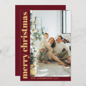 赤モダンミニマルのメリークリスマスフォト シーズンカード (正面/裏面)