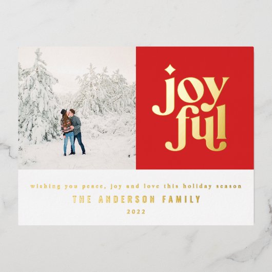 赤モダンミニマルクリスマスタイポグラフィホイルホリド 箔シーズンポストカード (正面)