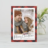 赤モダンミニマルタータンチェック格子写真クリスマス シーズンカード (スタンド正面)
