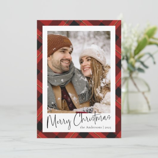 赤モダンミニマルタータンチェック格子写真クリスマス シーズンカード (スタンド正面)