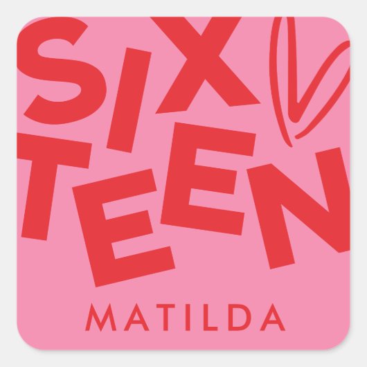 赤モダンミニマルピンクタイポグラフィ16歳 スクエアシール (正面)