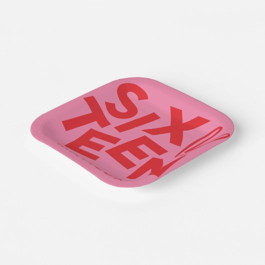 赤モダンミニマルピンクタイポグラフィ16歳 ペーパープレート (傾斜あり)