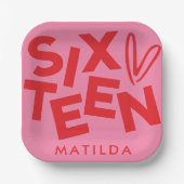 赤モダンミニマルピンクタイポグラフィ16歳 ペーパープレート (正面)