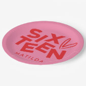 赤モダンミニマルピンクタイポグラフィ16歳 ペーパープレート (アングル)