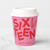 赤モダンミニマルピンクタイポグラフィ16歳 紙コップ (正面)