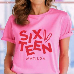 赤モダンミニマルピンクタイポグラフィ16歳 Tシャツ