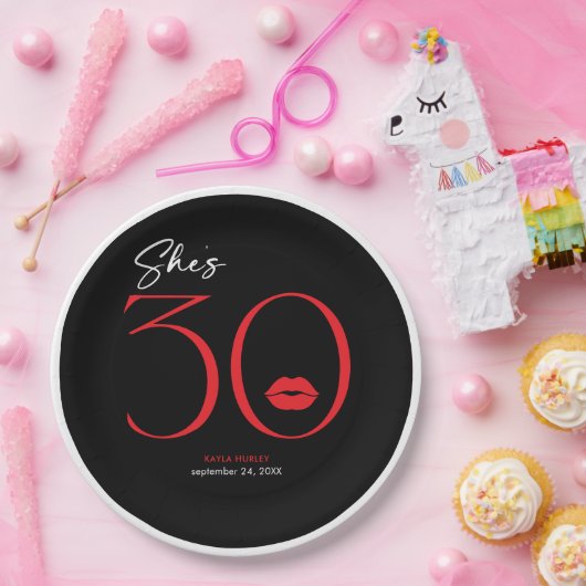 赤モダンミニマル唇30歳誕生日 ペーパープレート (パーティー)