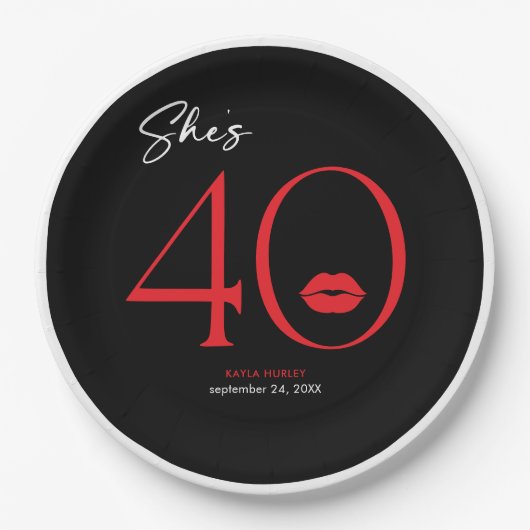 赤モダンミニマル唇She's 4誕生日 ペーパープレート (正面)