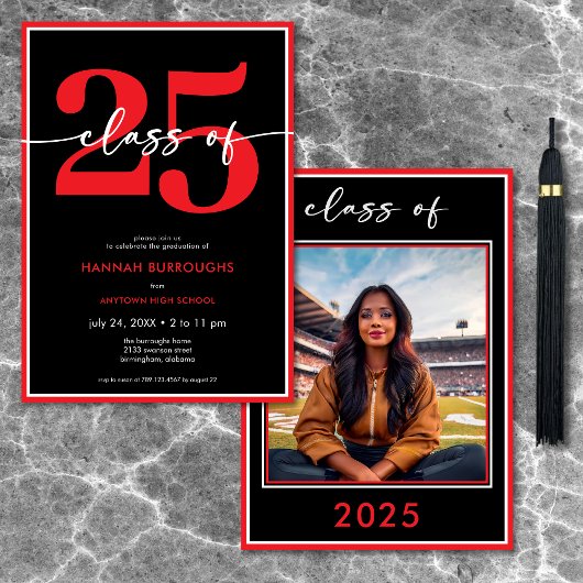 赤モダンミニマル字卒業パーティー 招待状