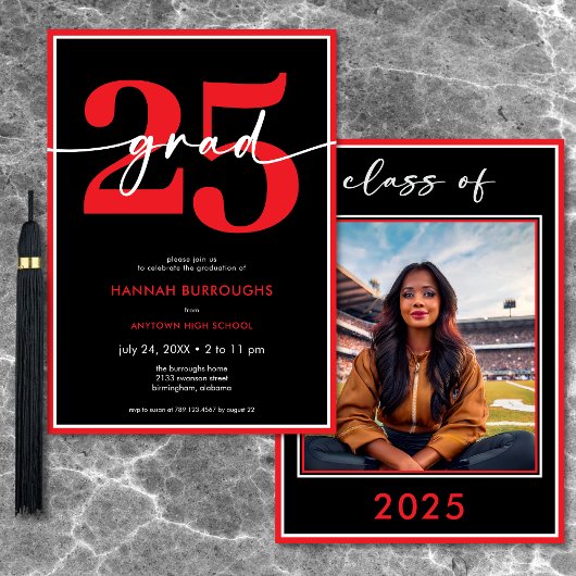 赤モダンミニマル字卒業パーティー 招待状