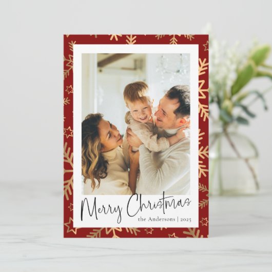 赤モダンミニマル金ゴールド写真クリスマス シーズンカード (スタンド正面)