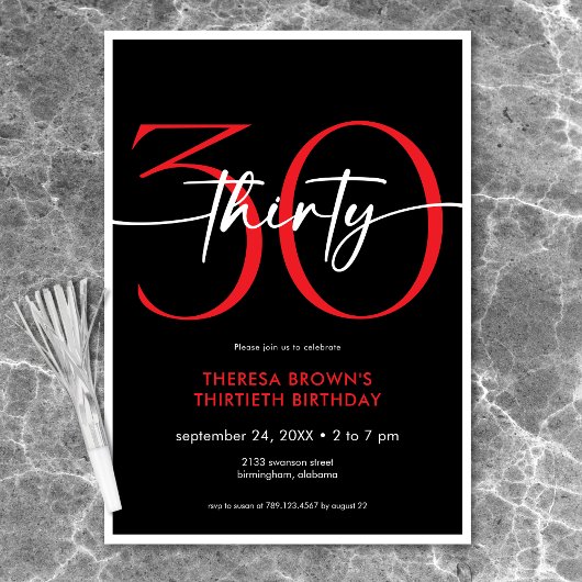 赤モダンミニマル30文字誕生日 招待状