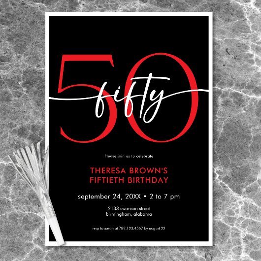 赤モダンミニマル50文字誕生日 招待状