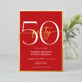 赤モダンミニマル50文字誕生日 箔招待状 (立ち正面)