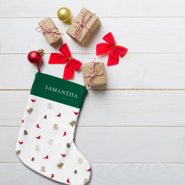 赤モダンミニマル（鳥）ショウジョウコウカンチョウクリスマスツリーパターン スモールクリスマスストッキング