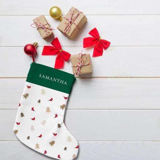 赤モダンミニマル（鳥）ショウジョウコウカンチョウクリスマスツリーパターン スモールクリスマスストッキング